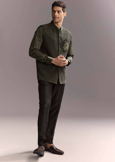 Black Silk Kurta Jacket Set For Men With Heavy Hand Work