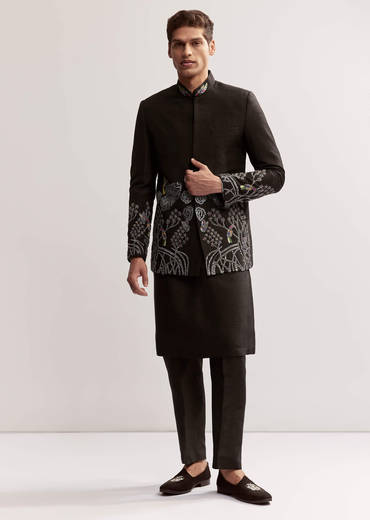Black Silk Kurta Jacket Set For Men With Zardosi Embroidery