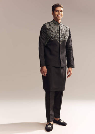 Black Silk Kurta Jacket Set For Men With Zari Cut Work