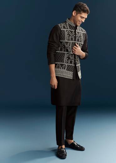 Black Silk Kurta Jacket Set With Thread Detail Work