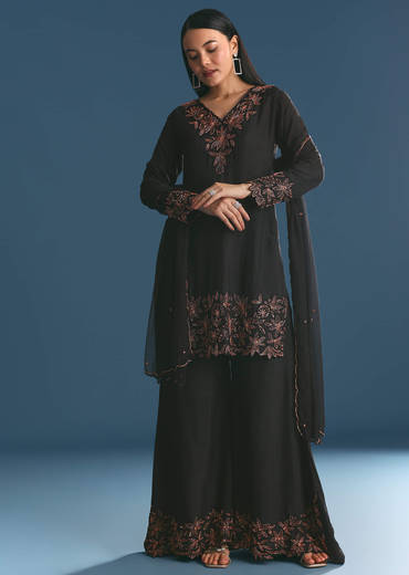 Black Silk Kurta Palazzo Set With Cut Dana Work