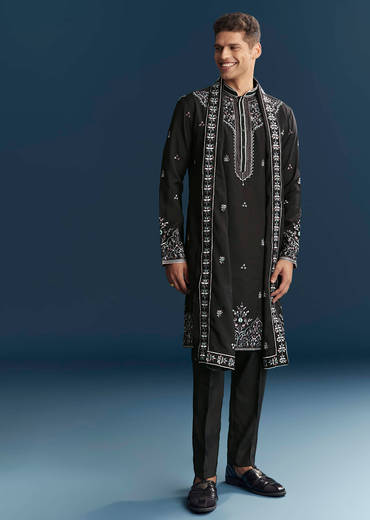 Black Silk Kurta Set For Men With Floral And Geometric Embroidery