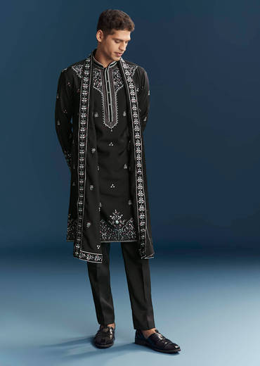 Black Silk Kurta Set For Men With Floral And Geometric Embroidery