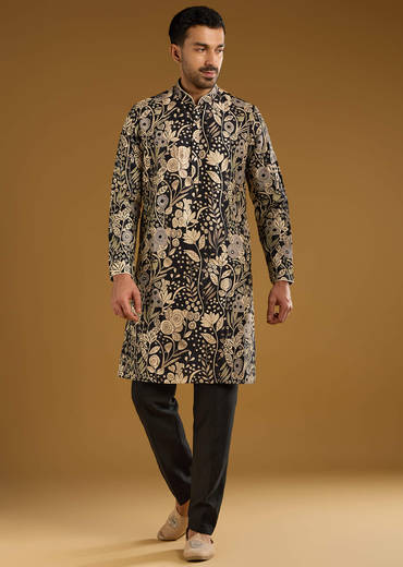 Black Silk Kurta Set For Men With Mirror Work