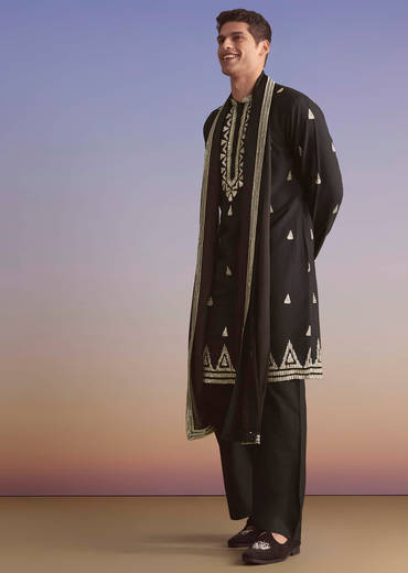 Black Silk Kurta Set For Men With Zari And Sequins Work