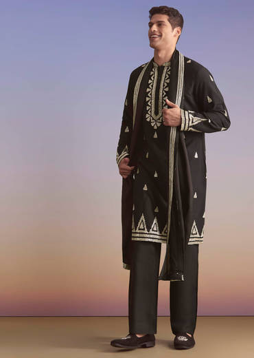 Black Silk Kurta Set For Men With Zari And Sequins Work