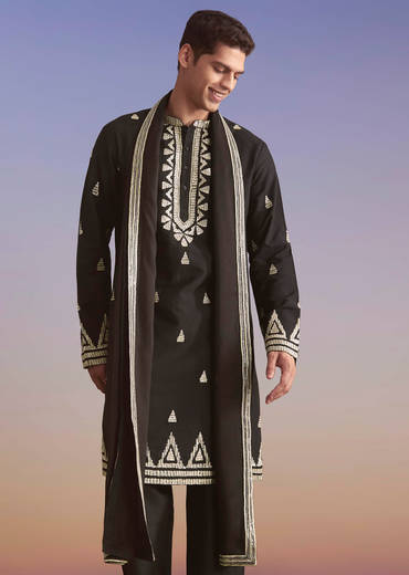 Black Silk Kurta Set For Men With Zari And Sequins Work