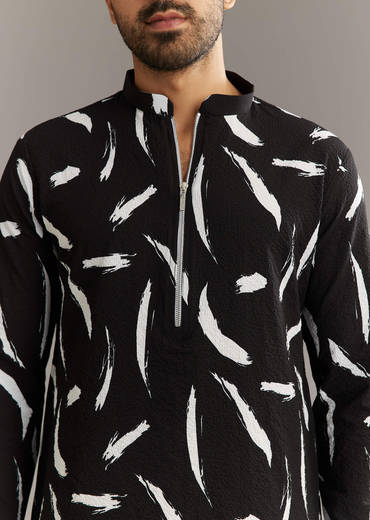 Black Silk Kurta Set With Abstract Prints
