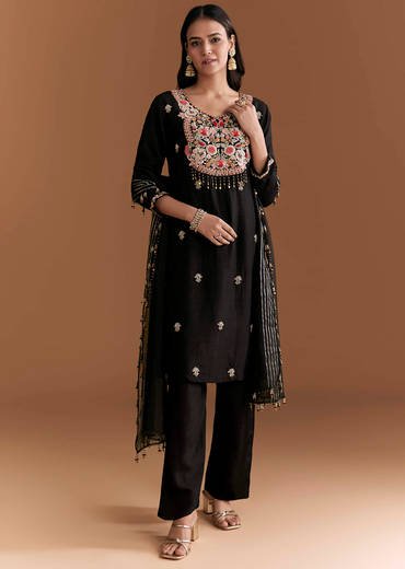 Black Silk Kurta Set With Zardosi And Resham Embroidery