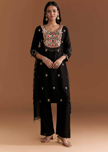 Black Silk Kurta Set With Zardosi And Resham Embroidery