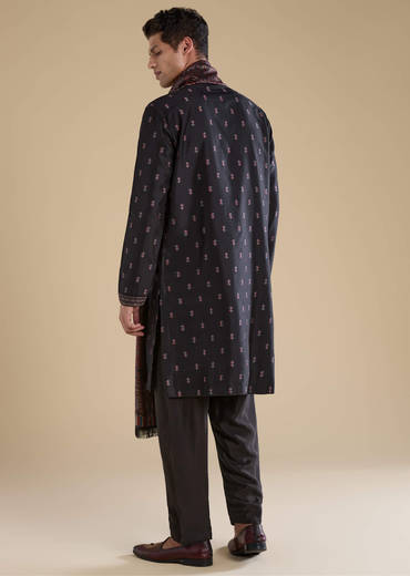 Black Silk Mens Kurta Set with Dupatta