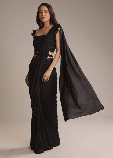 Black Lycra Ready Pleated Saree With Cutdana Work