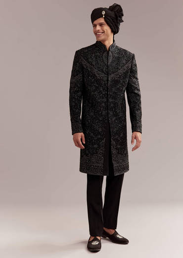 Black Silk Sherwani For Groom With Intricate Embroidery