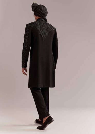 Black Silk Sherwani For Groom With Intricate Embroidery