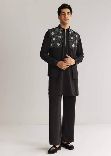 Black Suiting Cutdana Sequins Floral Kurta Jacket Set