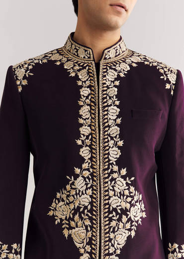 Plum Suiting Indo Western With Floral Thread Embroidery