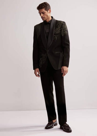 Black Tuxedo For Men With Resham Work