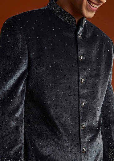 Black Velvet Indo Western Set For Men With Stone Work