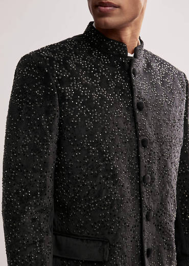 Black Velvet Jodhpuri Set For Men With Cutdana Work