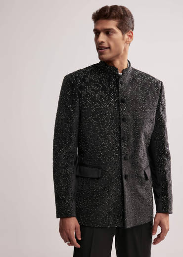 Black Velvet Jodhpuri Set For Men With Cutdana Work