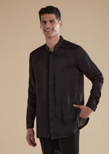 Black Velvet Mens Indowestern with Mirror Beads Detail Work