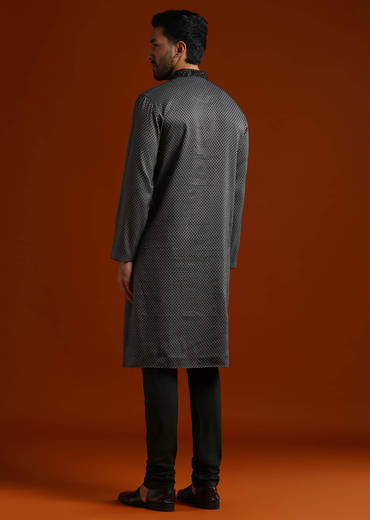 Black Viscose Kurta Set For Men With Thread And Stone Embroidery