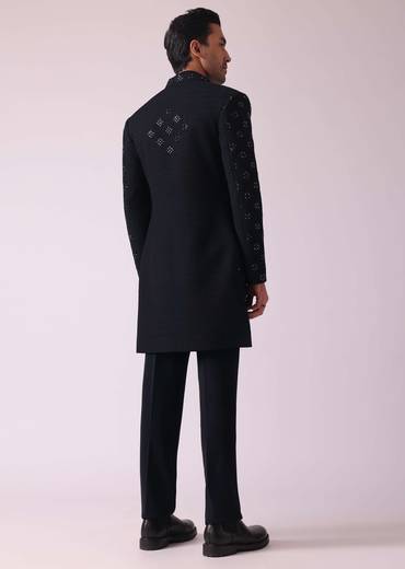 Black Cut Embroidered Indowestern In Suiting Fabric