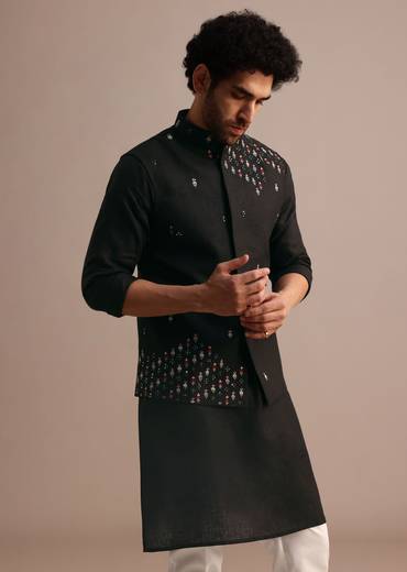 Black Kurta Jacket Set With Resham Work