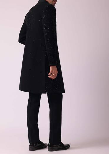 Black Patterned Indowestern Set In Suiting Fabric