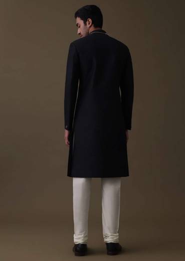 Black Sherwani Set In Silk With Embroidered Dupatta And Mala