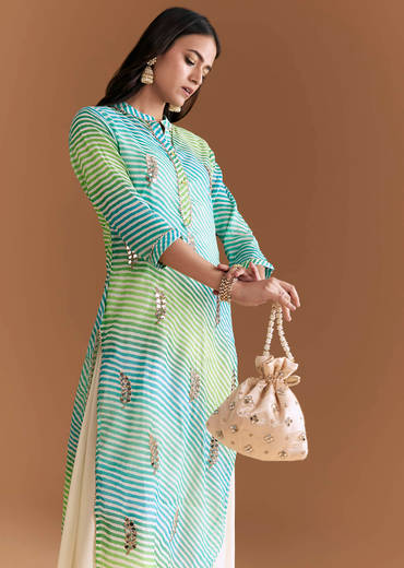 Blue And Green Cotton Kurti With Leheriya Print And Gota Work
