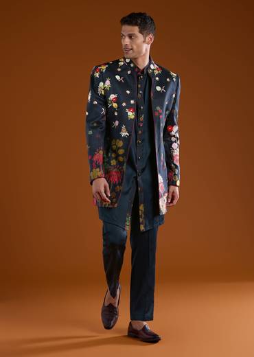 Blue Art Silk Mens Indowestern Kurta Pant Set