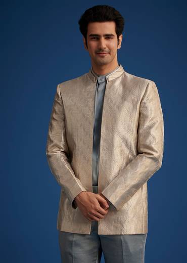 Blue Banarasi Silk Jodhpuri Suit With Pin Tuck Double Collar