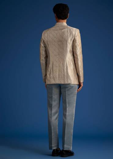 Blue Banarasi Silk Jodhpuri Suit With Pin Tuck Double Collar