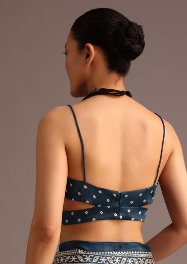 Blue Chevron And Ajrakh Printed Satin Saree