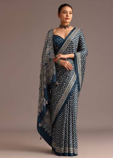 Blue Chevron And Ajrakh Printed Satin Saree