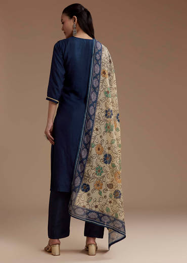 Blue Cotton Foil Mirror Kurta Set with Kalamkari Dupatta