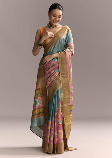Blue Cotton Saree With Hand Painted Motifs And Brown Border