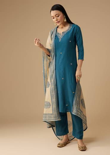 Blue Cotton Silk Gota Embroidered Kurta Set