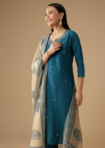 Blue Cotton Silk Gota Embroidered Kurta Set