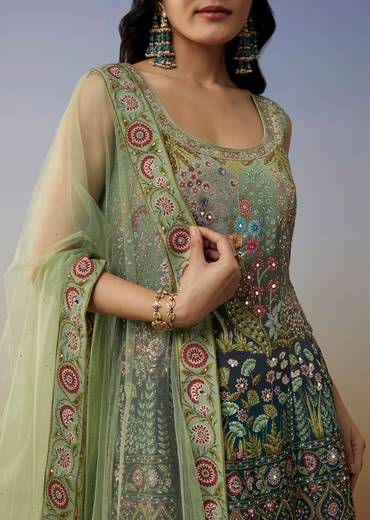 Blue Crepe Palazzo Suits with Ombre Printed Mirror Work