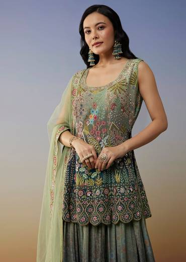Blue Crepe Palazzo Suits with Ombre Printed Mirror Work