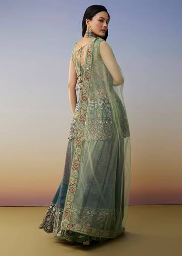 Blue Crepe Palazzo Suits with Ombre Printed Mirror Work