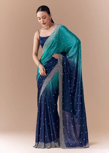 Blue Dual Shaded Embellished Saree with Blouse Fabric