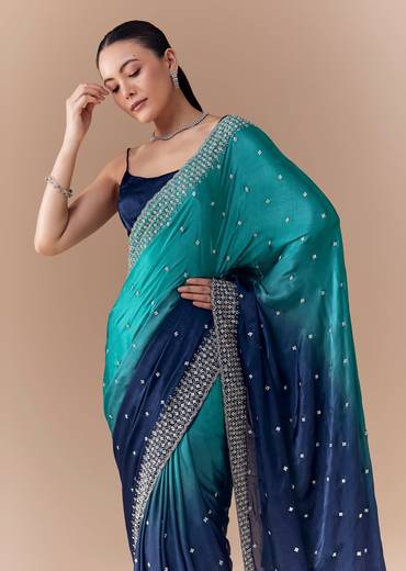 Blue Dual Shaded Embellished Saree with Blouse Fabric