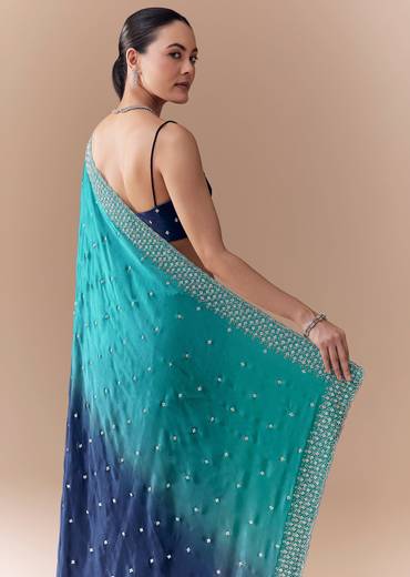 Blue Dual Shaded Embellished Saree with Blouse Fabric