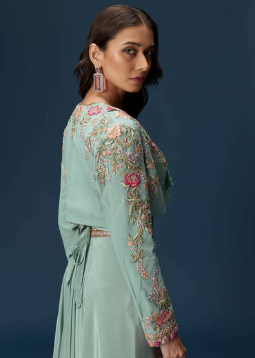 Blue Embroidered Palazzo Set With Coordinated Jacket And Blouse