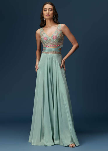 Blue Embroidered Palazzo Set With Coordinated Jacket And Blouse