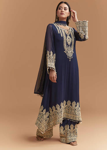 Blue Georgette Kurta Set With Moti And Sequins Work