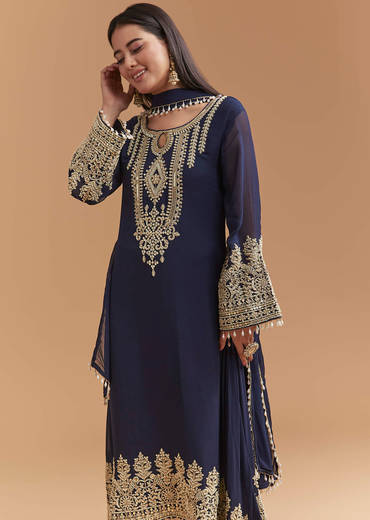 Blue Georgette Kurta Set With Moti And Sequins Work